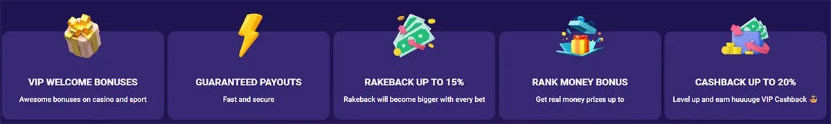 Banner showcasing VIP casino benefits such as welcome bonuses, guaranteed payouts, rakeback up to 15%, rank money rewards, and cashback up to 20%. Each perk is illustrated with colorful icons like gifts, lightning bolts, cash stacks, and treasure boxes. The layout highlights premium rewards available to players.