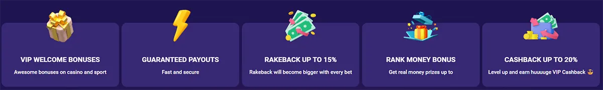 Banner showcasing VIP casino benefits such as welcome bonuses, guaranteed payouts, rakeback up to 15%, rank money rewards, and cashback up to 20%. Each perk is illustrated with colorful icons like gifts, lightning bolts, cash stacks, and treasure boxes. The layout highlights premium rewards available to players.