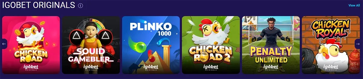 Carousel of IGOBET Originals games featuring cartoon-style covers such as Chicken Road, Squid Gambler, Plinko 1000, Chicken Road 2, Penalty Unlimited, and Chicken Royal. Each game tile displays vibrant artwork with playful characters and bold titles. The section header ‘IGOBET Originals’ appears at the top.