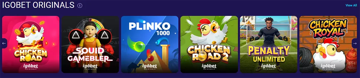 Carousel of IGOBET Originals games featuring cartoon-style covers such as Chicken Road, Squid Gambler, Plinko 1000, Chicken Road 2, Penalty Unlimited, and Chicken Royal. Each game tile displays vibrant artwork with playful characters and bold titles. The section header ‘IGOBET Originals’ appears at the top.