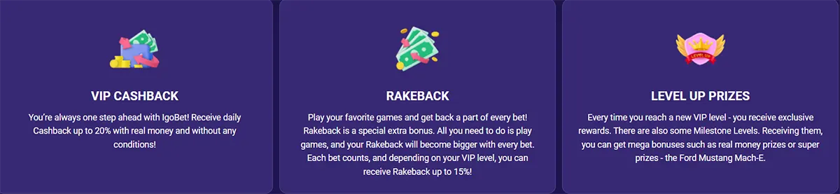 VIP rewards section showing three benefits: daily cashback up to 20%, rakeback up to 15%, and exclusive level-up prizes. Each feature is represented with colorful icons, including cash, banknotes, and a crown badge. The banner highlights the casino’s VIP progression and player rewards.